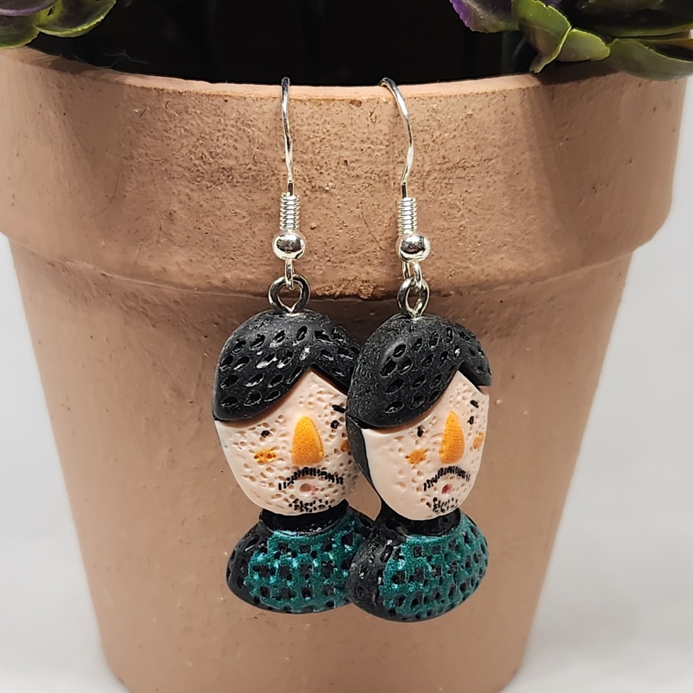 Handmade Polymer Clay Character Drop Earrings Teal Mustache Man Quirky Folk Art